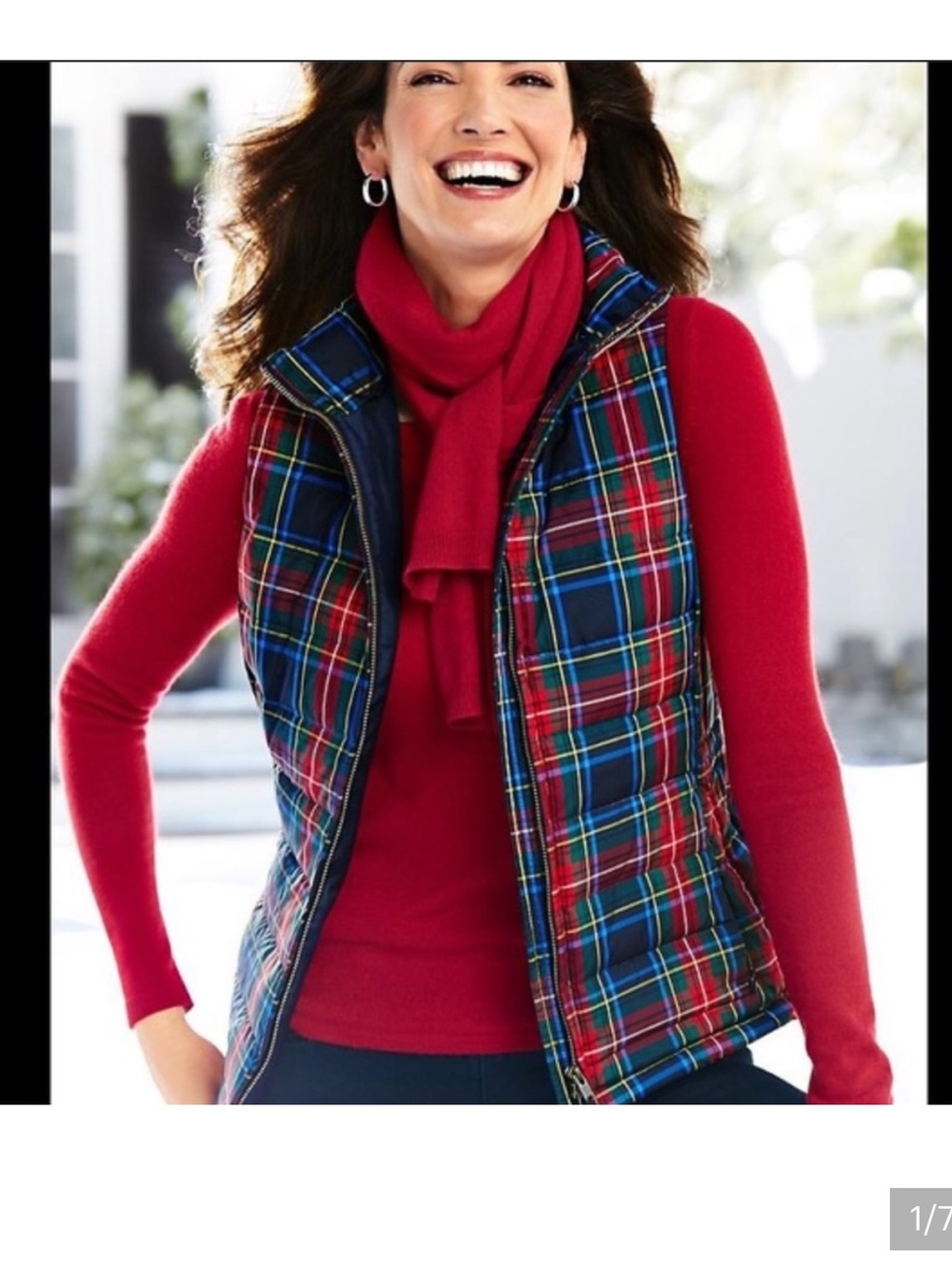 Talbots Red & Navy Tartan Quilted Plaid Vest